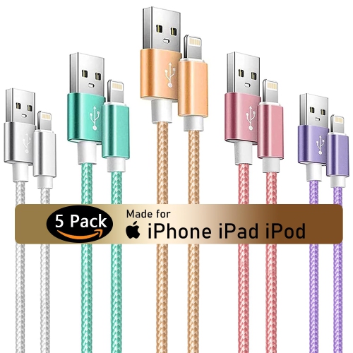 Câble Lightning de 5Pack m, câble de chargement tressé en nylon certifié MFi d'Apple, chargeurs pour iPhone 14 13 12 11 XS Max XR 8 7 6s plus, iPad,