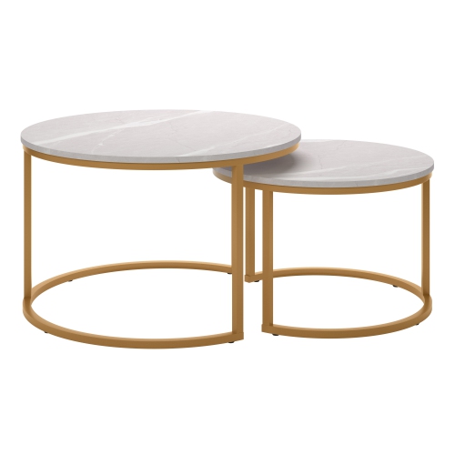 CORLIVING  Fort Worth Modern Round Coffee Table Set Of 2, Nesting Tables, Small Coffee Tables for Living Room, Fort Worth Marble And In Gold