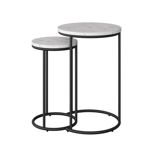 CORLIVING  Fort Worth Modern Round Nesting Side Table Set Of 2, Nesting Tables, Small Coffee Tables for Living Room, Fort Worth Marble In White