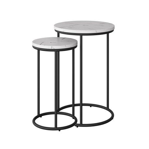 Ensemble de 2 tables gigognes rondes modernes Fort Worth de CorLiving, tables gigognes, petites tables basses pour salon, marbre blanc Fort Worth