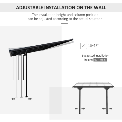 Outsunny 10' x 10' Outdoor Lean to Hardtop Pergola with Polycarbonate Roof, Wall Mounted Gazebo with Adjustable Height, Aluminum Frame, and UV