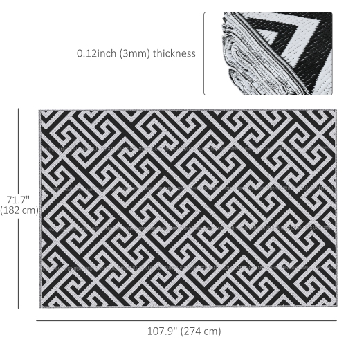Outsunny Reversible Outdoor RV Rug, 6' x 9' Patio Floor Mat, Plastic Straw Rug for Backyard, Deck, Picnic, Beach, Camping, Black and White