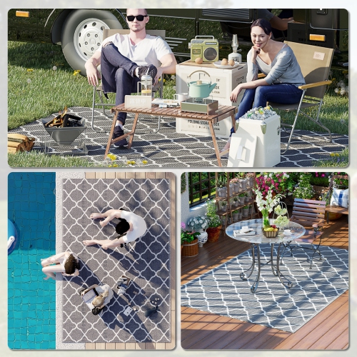Outsunny Portable Outdoor Rug, 6' x 9' Reversible Mat, Waterproof Plastic Straw RV Rug for Backyard, Deck, Picnic, Beach, Camping, Grey & White Net