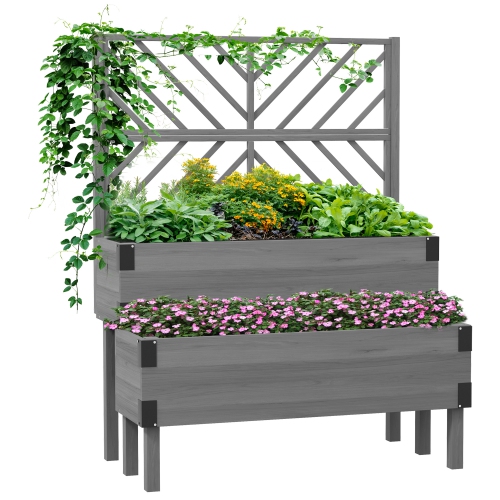 Outsunny Raised Garden Bed with Trellis, 2 Tier Wooden Elevated Planter Box with Legs and Metal Corners for Vegetables, Flowers, Herbs, Grey