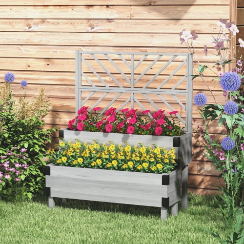 Outsunny Raised Garden Bed with Trellis, 2 Tier Wooden Elevated Planter Box with Legs and Metal Corners for Vegetables, Flowers, Herbs, Grey