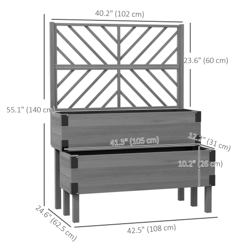 Outsunny Raised Garden Bed with Trellis, 2 Tier Wooden Elevated Planter Box with Legs and Metal Corners for Vegetables, Flowers, Herbs, Grey