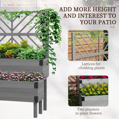 Outsunny Raised Garden Bed with Trellis, 2 Tier Wooden Elevated Planter Box with Legs and Metal Corners for Vegetables, Flowers, Herbs, Grey