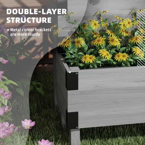 Outsunny Raised Garden Bed with Trellis, 2 Tier Wooden Elevated Planter Box with Legs and Metal Corners for Vegetables, Flowers, Herbs, Grey