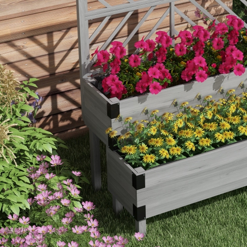 Outsunny Raised Garden Bed with Trellis, 2 Tier Wooden Elevated Planter Box with Legs and Metal Corners for Vegetables, Flowers, Herbs, Grey