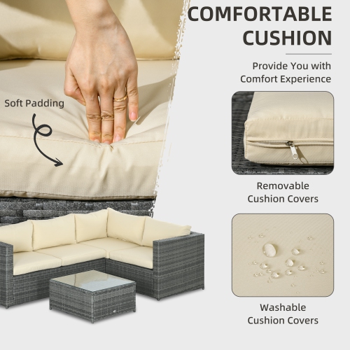 Outsunny 3 Pieces Garden Rattan Furniture Set, 4 Seater Wicker Patio Furniture Outdoor Conversation Set with Loveseats Coffee Table Cushions for