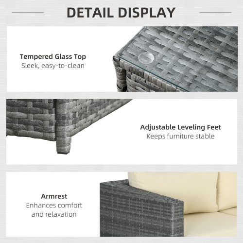 Outsunny 3 Pieces Garden Rattan Furniture Set, 4 Seater Wicker Patio Furniture Outdoor Conversation Set with Loveseats Coffee Table Cushions for