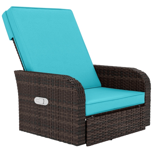 Outsunny Outdoor 360° Wicker Swivel Chair with Cushion, Patio Recliner Chair with Pneumatic Rod Control, Armrest and Adjustable Foot Pad, Turquoise