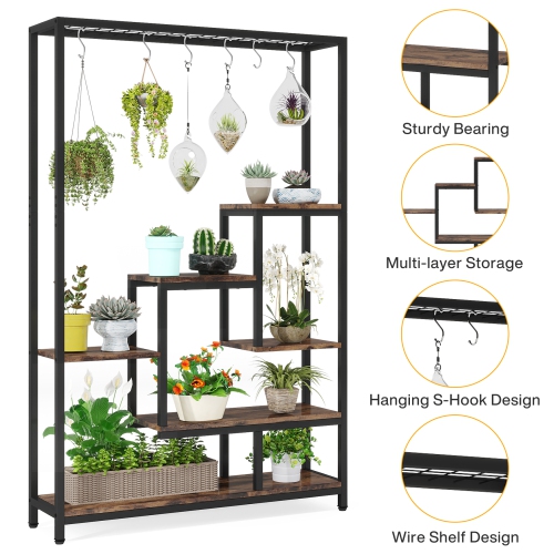 Tribesigns 70.86" 5-Tier Tall Indoor Plant Stand, Multi-Purpose Flower Bonsai Pots Display Rack with 6pcs Hanging Hooks