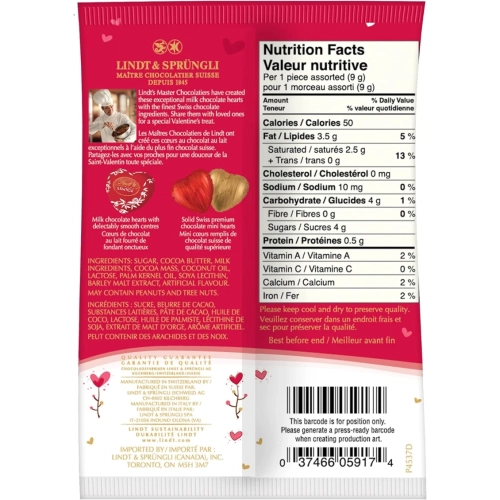 Coeurs de chocolat au lait assortis Lindt Amour - irrésistible sac de 103&nbsp;g chocolats délicieux