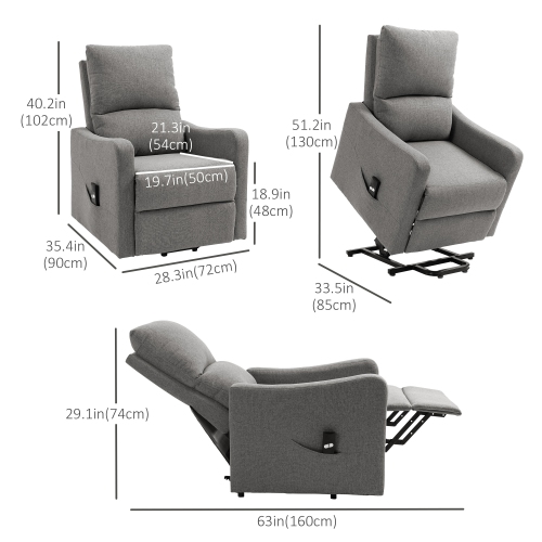 HOMCOM Electric Power Lift Chair for Elderly, Fabric Power Recliner Chair with Footrest for Living Room with Remote Control, Side Pocket, Grey