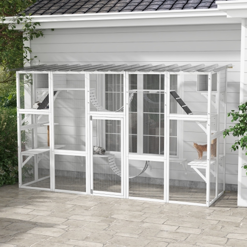 PawHut Catio, Large Outdoor Cat Enclosure with Cat Condos, Platforms, Ladders, Doors, Weather-Resistant Roof, Wooden Cat Cage for 1-4 Cats, White