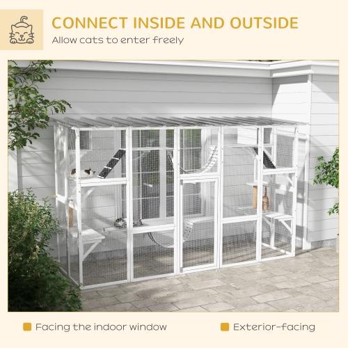 PawHut Catio, Large Outdoor Cat Enclosure with Cat Condos, Platforms, Ladders, Doors, Weather-Resistant Roof, Wooden Cat Cage for 1-4 Cats, White