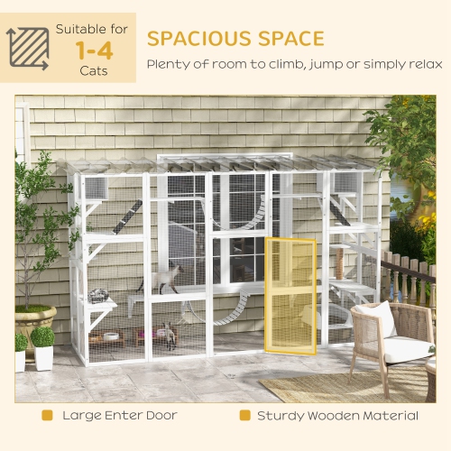 PawHut Catio, Large Outdoor Cat Enclosure with Cat Condos, Platforms, Ladders, Doors, Weather-Resistant Roof, Wooden Cat Cage for 1-4 Cats, White