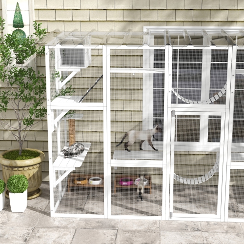 PawHut Catio, Large Outdoor Cat Enclosure with Cat Condos, Platforms, Ladders, Doors, Weather-Resistant Roof, Wooden Cat Cage for 1-4 Cats, White