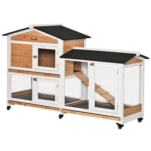 PawHut 62" Wooden Rabbit Hutch, Bunny Cage with Wheels, Run Box, Tray, Ramp for Small Animals, Guinea Pig, Indoor Outdoor Use, Yellow