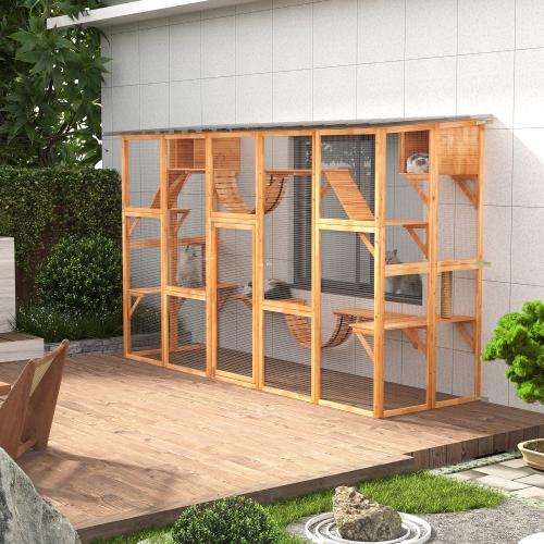 PawHut Catio, Large Outdoor Cat Enclosure with Cat Condos, Platforms, Ladders, Doors, Weather-Resistant Roof, Wooden Cat Cage for 1-4 Cats, Orange