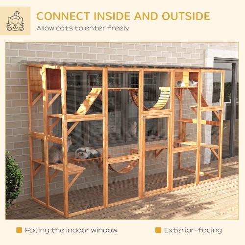 PawHut Catio, Large Outdoor Cat Enclosure with Cat Condos, Platforms, Ladders, Doors, Weather-Resistant Roof, Wooden Cat Cage for 1-4 Cats, Orange