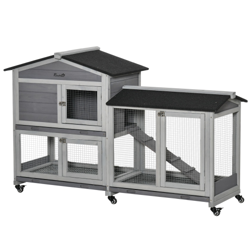 PawHut 62" Wooden Rabbit Hutch, Bunny Cage with Wheels, Run Box, Tray, Ramp for Small Animals, Guinea Pig, Indoor Outdoor Use, Light Grey