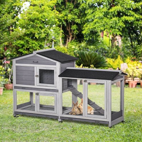 PawHut 62" Wooden Rabbit Hutch, Bunny Cage with Wheels, Run Box, Tray, Ramp for Small Animals, Guinea Pig, Indoor Outdoor Use, Light Grey