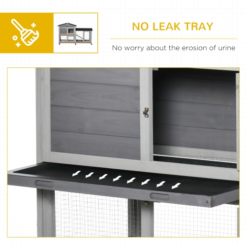 PawHut 62" Wooden Rabbit Hutch, Bunny Cage with Wheels, Run Box, Tray, Ramp for Small Animals, Guinea Pig, Indoor Outdoor Use, Light Grey