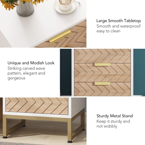 Tribesigns 3 Drawers Nightstand, Bedside Table with Unique Zig Zag Design, Modern Side End Table for Bedroom Living Room