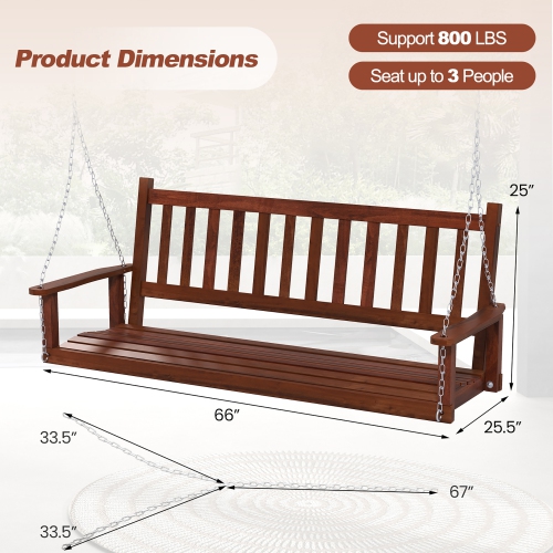Gymax 5FT Wooden 3-Person Porch Swing Chair w/ Adjustable Galvanized Metal Chains