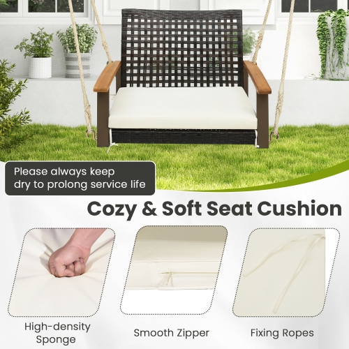 Gymax Rattan Porch Swing Patio Wicker Single Hanging Seat w/ Seat Cushion & Acacia Wood Armrests