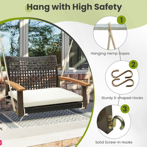 Gymax Rattan Porch Swing Patio Wicker Single Hanging Seat w/ Seat Cushion & Acacia Wood Armrests