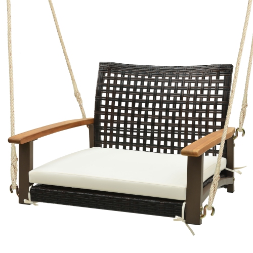 Gymax Rattan Porch Swing Patio Wicker Single Hanging Seat w/ Seat Cushion & Acacia Wood Armrests