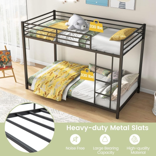 Gymax Twin Over Twin Low Metal Bunk Bed w/ Ladder Guardrails for Teens Adults Black