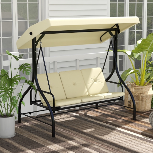 Outsunny 3 Seater Patio Swing Chair Convertible Cushioned Porch Swing Bed Outdoor Swing with Canopy Beige