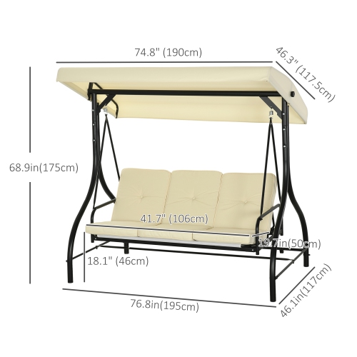 Outsunny 3 Seater Patio Swing Chair Convertible Cushioned Porch Swing Bed Outdoor Swing with Canopy Beige