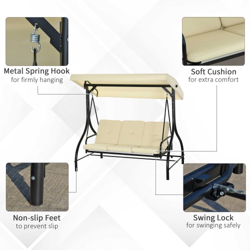 Outsunny 3 Seater Patio Swing Chair Convertible Cushioned Porch Swing Bed Outdoor Swing with Canopy Beige