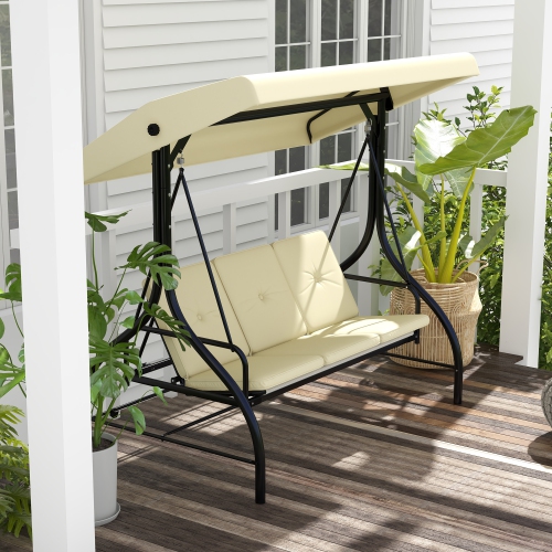 Outsunny 3 Seater Patio Swing Chair Convertible Cushioned Porch Swing Bed Outdoor Swing with Canopy Beige
