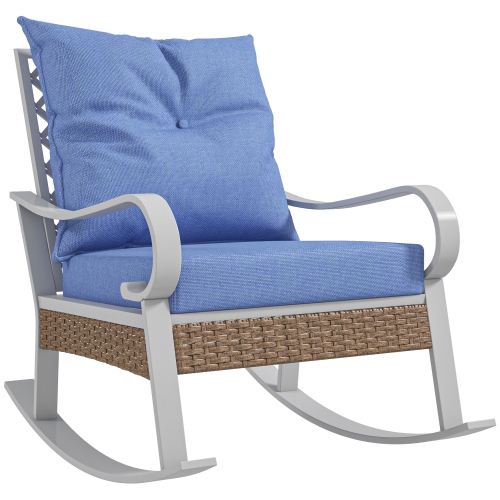 Outsunny Outdoor Rocking Chair, Porch Rocker Chair with Soft Cushion, Rattan Decoration for Garden, Patio, Balcony, Light Blue