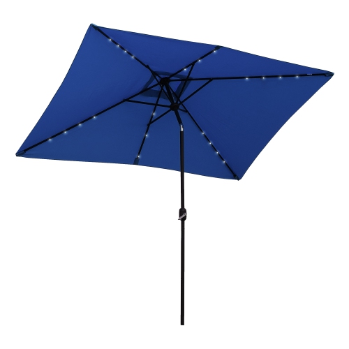 Parasol de patio de 6 x 10 pi avec 22 lampes solaires DEL et inclinaison Outsunny, parasol rectangulaire d'extérieur avec manivelle, bleu foncé