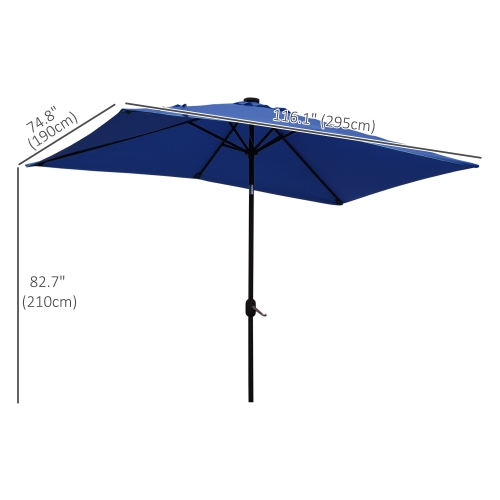 Outsunny 6' x 10' Patio Umbrella with 22 LED Solar Lights and Tilt, Rectangular Outdoor Table Umbrella with Crank, Dark Blue