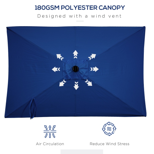 Outsunny 6' x 10' Patio Umbrella with 22 LED Solar Lights and Tilt, Rectangular Outdoor Table Umbrella with Crank, Dark Blue