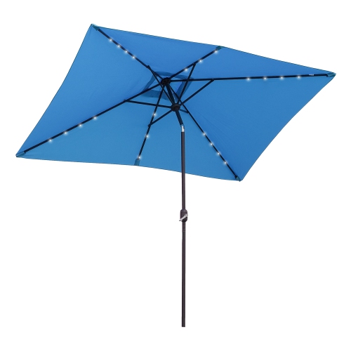 Parasol de patio de 6 x 10 pi avec 22 lampes solaires DEL et inclinaison Outsunny, parasol rectangulaire d'extérieur avec manivelle, bleu pâle