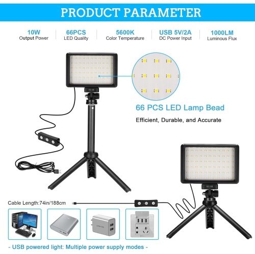2 lampes à DEL, 5600K lampes USB à intensité réglable avec mini trépied et filtres colorés pour photos/prises de vue en petit angle/enregistrement