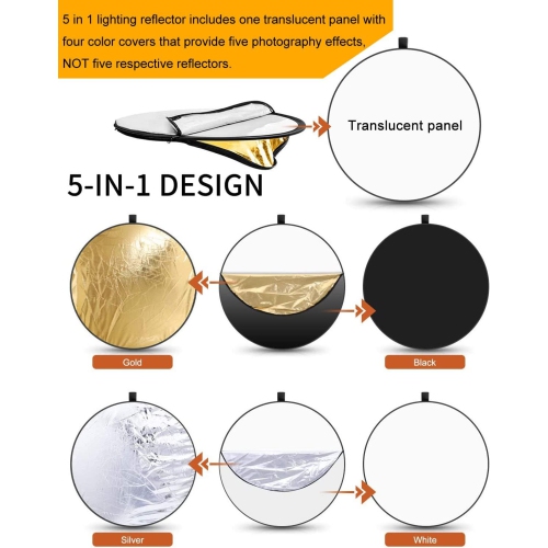 60cm/24inch Lighting Reflectors 5 in 1 Photos Round Reflector for Photo Studio Photography Accessory Handhold Portable Light Diffuser Panel