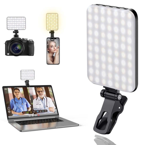 60 LED Portable Selfie Light Video Conference Lighting with Clip & Camera Tripod Adapter Rechargeable 2200mAh CRI 97+/3 Light Modes for iPhone Webcam