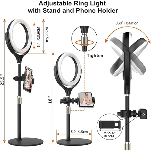 8" Computer Ring Light with Stand, Desktop Ring Light with Phone Holder for Laptop/Video Conference/Webcam Lighting/Zoom Meetings/ Makeup/Tiktok Black