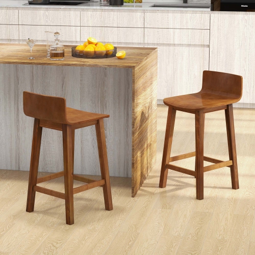 Costway 24.5" Wood Bar Stools Set of 2 with Solid Back & Seat Mid Century Bar Chairs