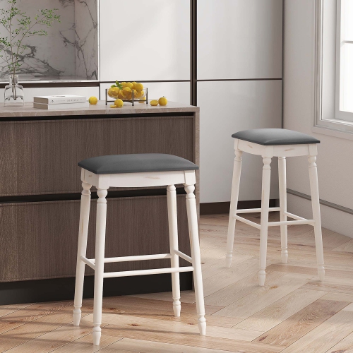 Costway 2 PCS 29" Bar Height Bar Stools Backless Bar Stools with Faux Leather Cover White&Gray